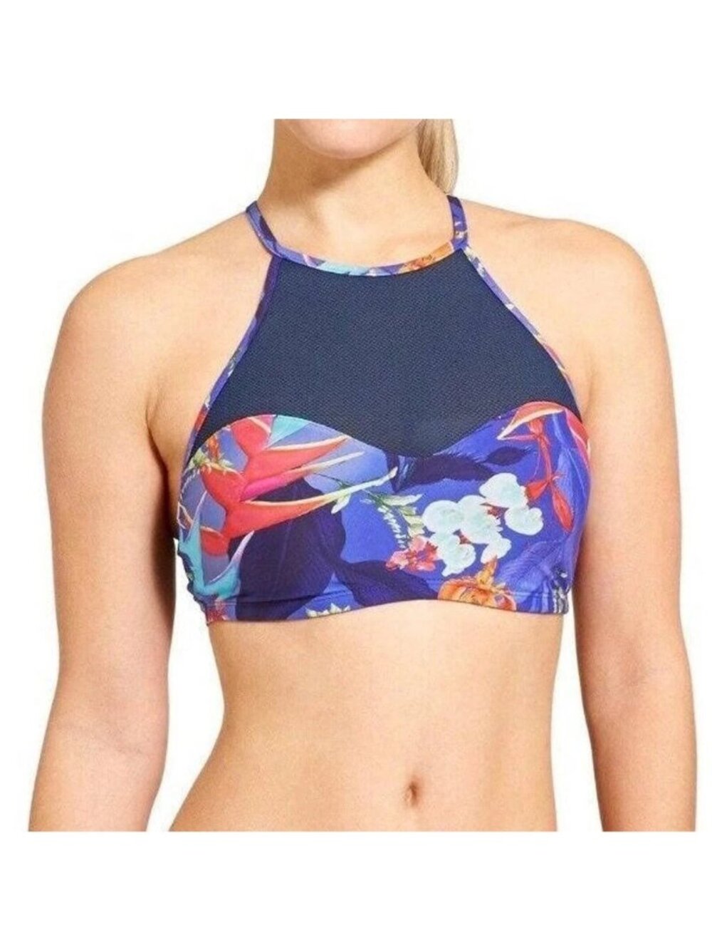 Athleta Lucia Mesh High Neck Bikini Swim Top Tropical Floral Women's Large L